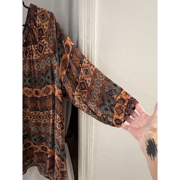 Natural Reflections Brown Turquoise Aztec Southwestern Popover Blouse Sz Xl - Picture 2 of 6